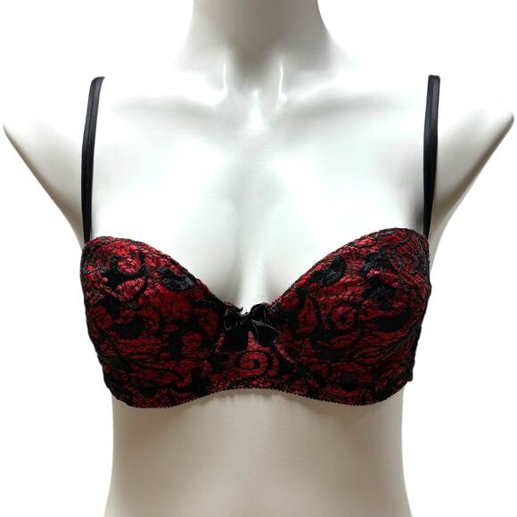 Victoria's Secret Vintage Gold Label Lace Underwire Bra Black Red 38C - Picture 1 of 8